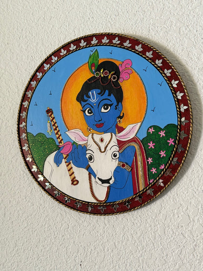 Hand Painted 14 inch Krishna Lippan Art on MDF base