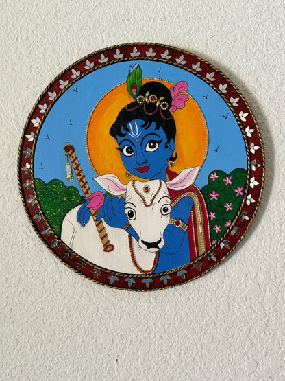 Hand Painted 14 inch Krishna Lippan Art on MDF base