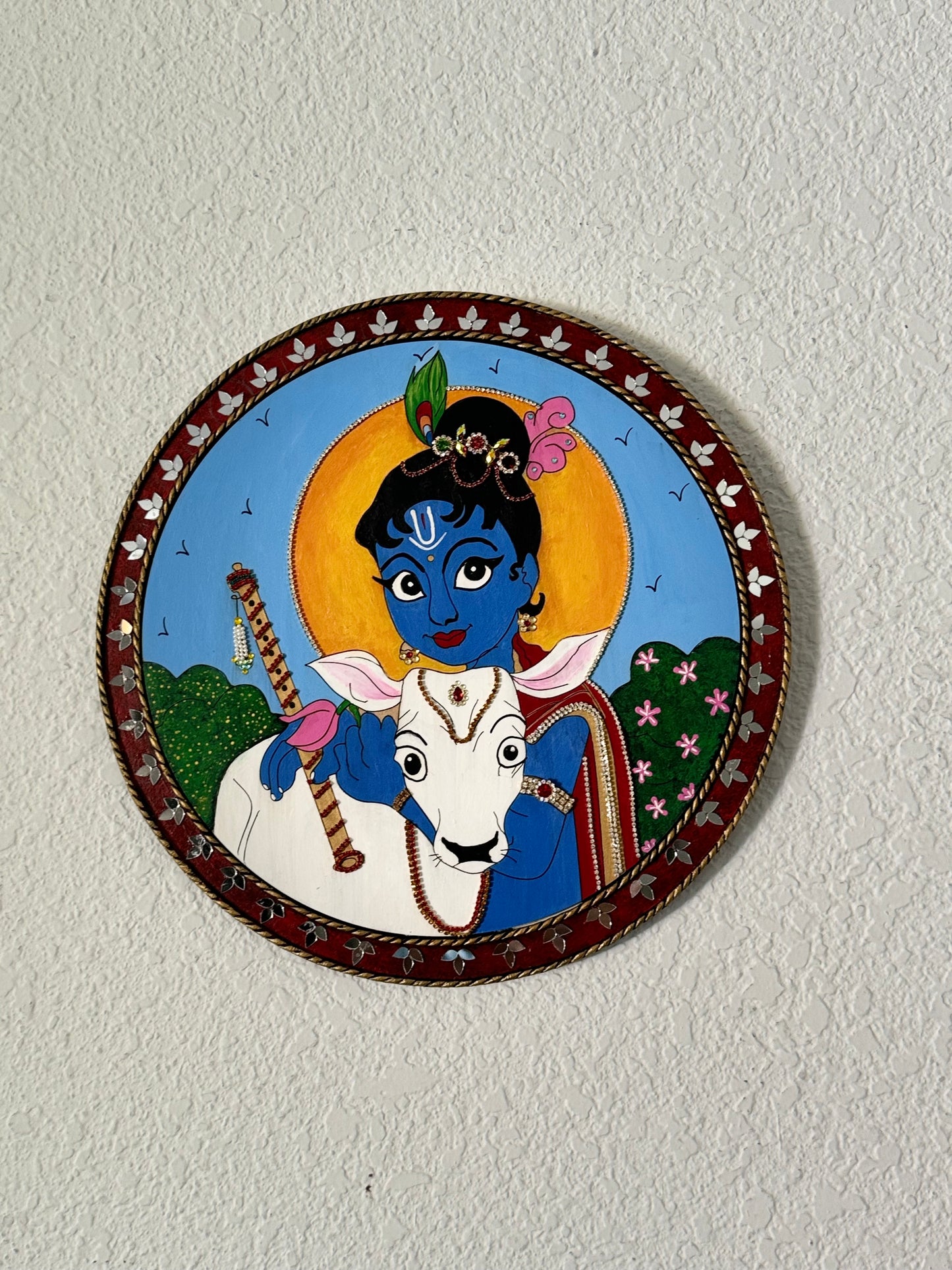 Hand Painted 14 inch Krishna Lippan Art on MDF base