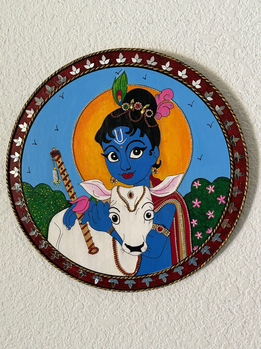 Hand Painted 14 inch Krishna Lippan Art on MDF base