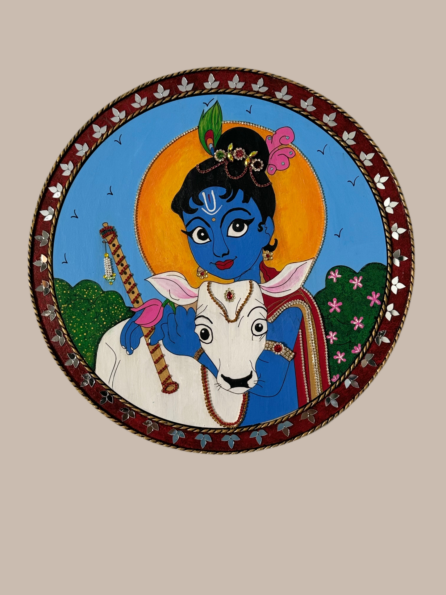 Hand Painted 14 inch Krishna Lippan Art on MDF base