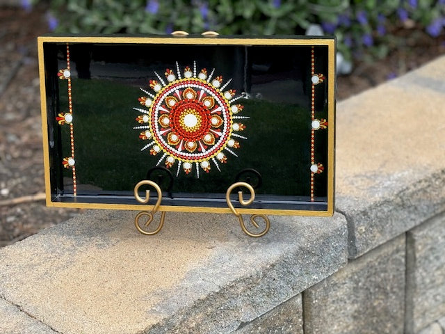 Hand painted Dot Mandala Resin Glazed Wooden Serving Tray with Handles