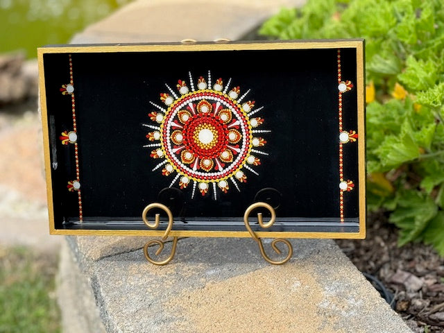 Hand painted Dot Mandala Resin Glazed Wooden Serving Tray with Handles