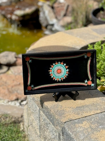 Beautiful Hand Painted Dot Mandala Resin Glazed Wooden Tray with Handles