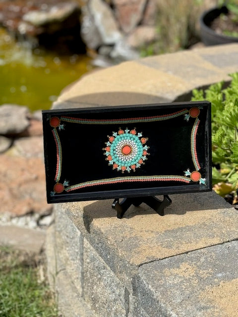 Beautiful Hand Painted Dot Mandala Resin Glazed Wooden Tray with Handles