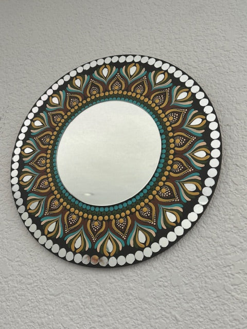 Gorgeous 12 inch Hand Painted Dot Mandala Wall Art with center mirror